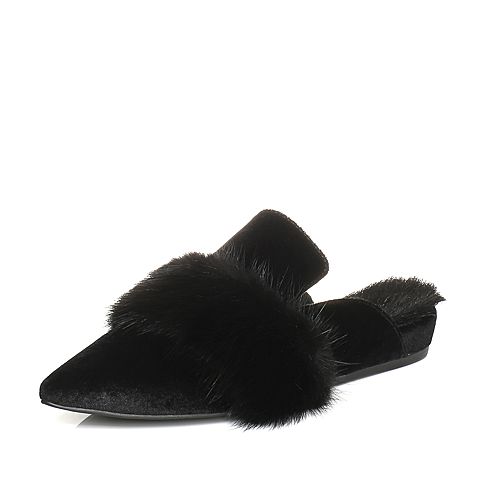 STACCATO/思加图秋季专柜同款黑色毛绒布真毛女拖鞋Q5101CH7