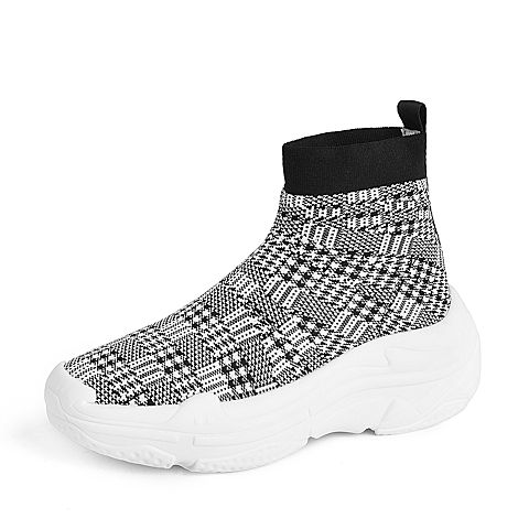 STACCATO/思加图2017年春季专柜同款黑白色编织帮面厚底女袜靴S6301AM8