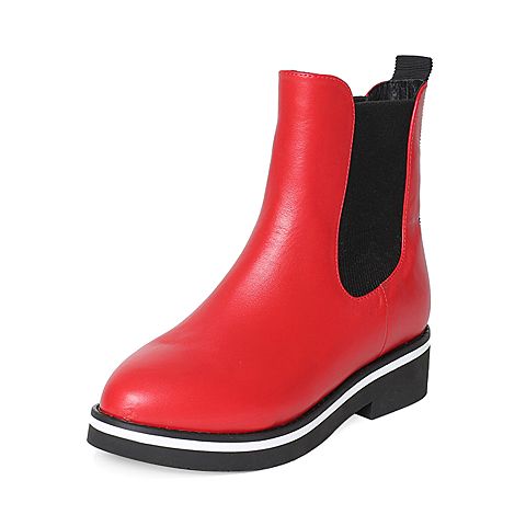 Tata/他她冬季红色牛皮时尚休闲拼色方跟女短靴FE341DD6