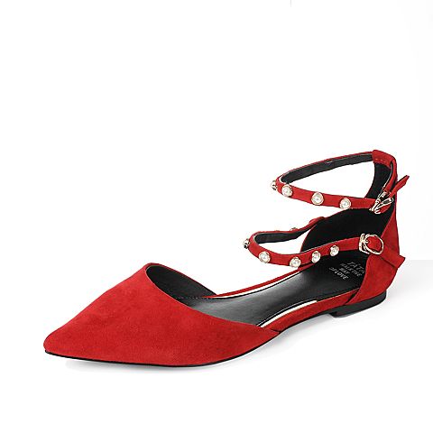 Tata/他她秋季红色羊皮脚环珍珠复古尖头玛丽珍鞋女凉鞋FHP01CK7
