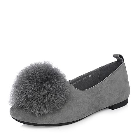 Tata/他她春专柜同款灰色羊皮绒毛球方跟女休闲鞋S1301AQ8