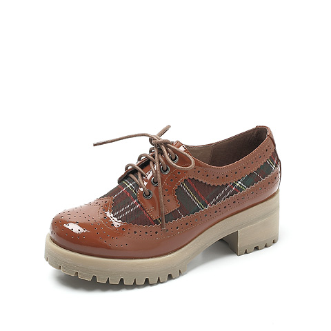 TEENMIX/天美意 及踝靴2012秋季棕色牛皮/红色格子布女皮鞋1036-CM2