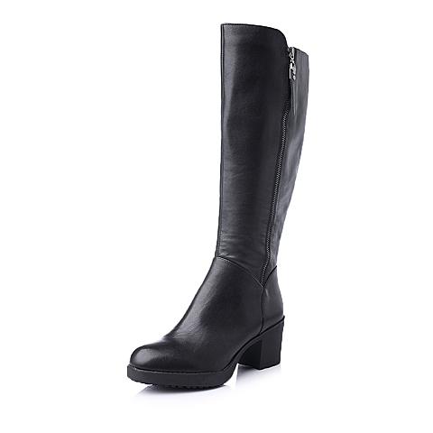 Teenmix/天美意冬季专柜同款黑色牛皮舒适中跟女长靴6VF80DG4