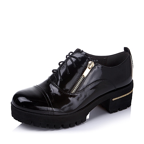 Teenmix/天美意秋季专柜同款黑色牛皮粗跟女单鞋6SR21CM5