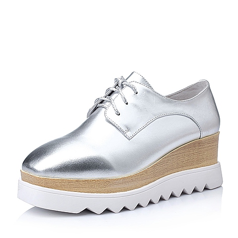 Teenmix/天美意秋季银色金属牛皮时尚坡跟女单鞋257-5CM5