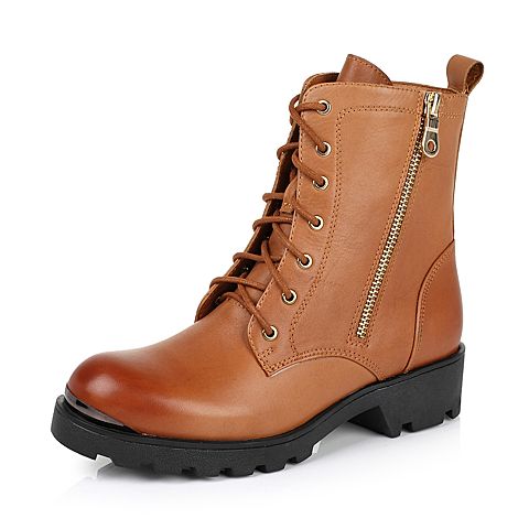 Teenmix/天美意冬季专柜同款棕色擦色牛皮女靴（皮里）6WM67DZ5