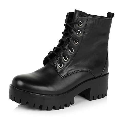 Teenmix/天美意冬季专柜同款黑色打蜡牛皮革女皮靴6E542DD5