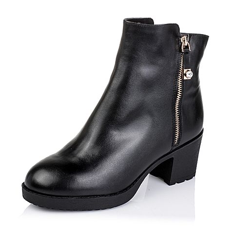 Teenmix/天美意冬季专柜同款黑色小牛皮革女皮靴6VF46DD5