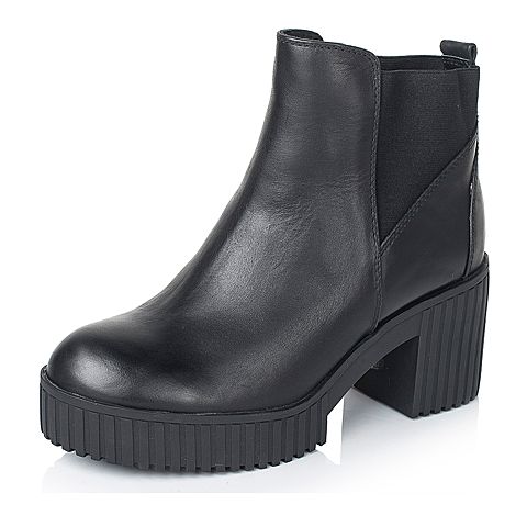 Teenmix/天美意冬季专柜同款黑色打蜡牛皮革女皮靴6C541DD5
