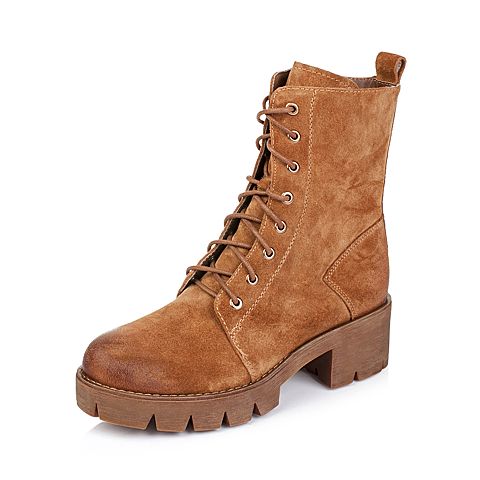 Teenmix/天美意冬季专柜同款棕色二层牛皮女靴6D161DZ5