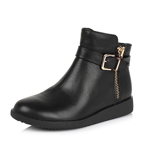 Teenmix/天美意冬季专柜同款黑色小牛皮革女皮靴（绒里）6US42DD5