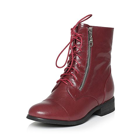 Teenmix/天美意冬季专柜同款枣红色羊皮女短靴（绒里）AL69HDD5
