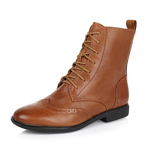 Teenmix/天美意冬季专柜同款棕色打蜡牛皮女靴（绒里）6D460DZ5