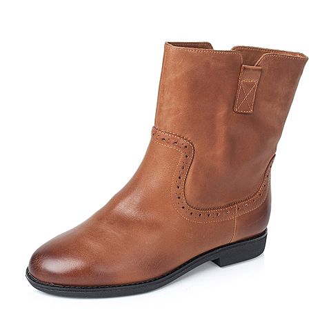 Teenmix/天美意冬季专柜同款棕色打蜡牛皮女靴（绒里）6D462DZ5