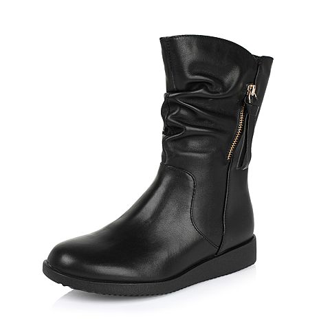 Teenmix/天美意冬季专柜同款黑色牛皮女靴（毛里）6US66DZ5