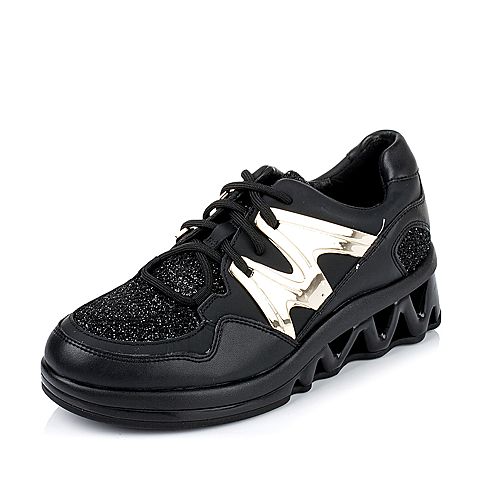 Teenmix/天美意秋专柜同款黑色PU/牛皮/纺织品女单鞋6M923CM6