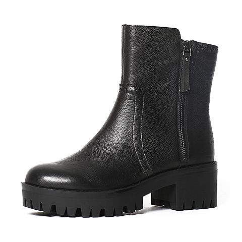 Teenmix/天美意冬季专柜同款黑色牛皮女中靴6E563DZ6