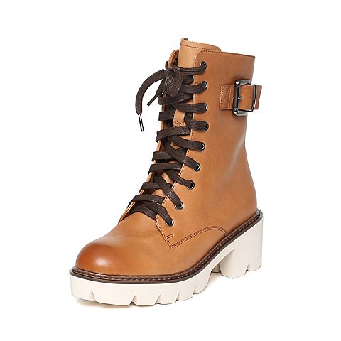 Teenmix/天美意冬季专柜同款棕色牛皮女中靴6Q861DZ6