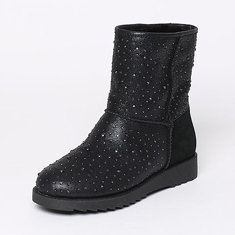 Teenmix/天美意冬季专柜同款黑色布/牛二层皮女靴（仿毛里）6R262DZ6
