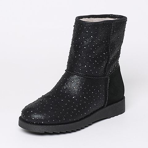 Teenmix/天美意冬季专柜同款黑色布/牛二层皮女靴（毛里）6R262DZ6
