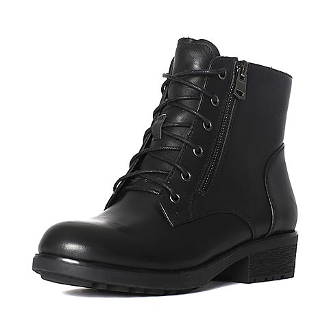 Teenmix/天美意冬季专柜同款黑色打蜡牛皮女靴6S942DD6