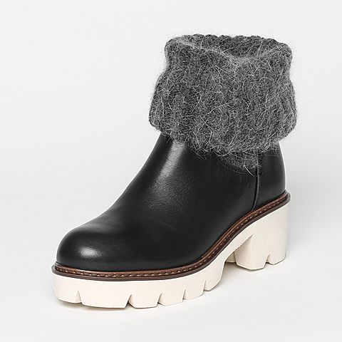 Teenmix/天美意冬季专柜同款黑/灰色牛皮/纺织品女靴6Q870DS6