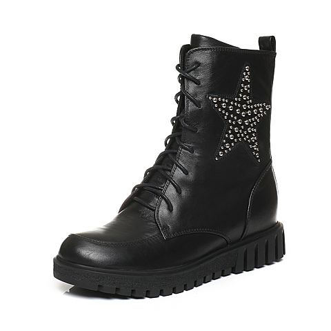 Teenmix/天美意冬专柜同款黑色小牛皮时尚铆钉马丁靴女中靴6A66HDZ5