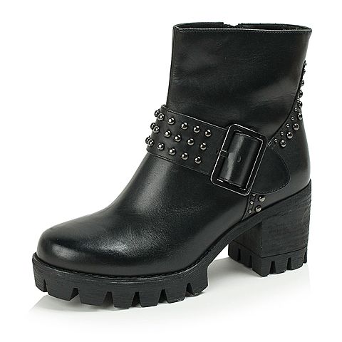 Teenmix/天美意冬季专柜同款黑色牛皮女短靴6E844DD6
