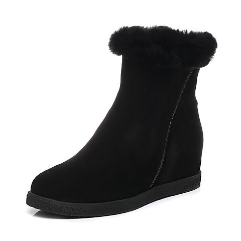 Teenmix/天美意冬季专柜同款黑色二层牛皮/兔毛皮欧美时尚女短靴6C340DD6