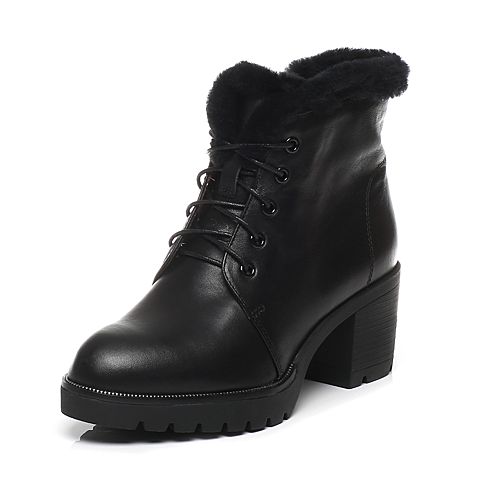 Teenmix/天美意冬专柜同款黑色小牛皮粗跟女短靴6D545DD6