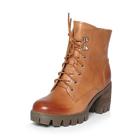 Teenmix/天美意冬专柜同款棕色牛皮优雅简约粗跟马丁靴女短靴6E845DD6