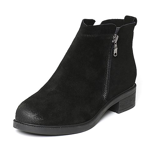 Teenmix/天美意冬专柜同款黑色剖层牛皮简约方跟女短靴女靴AO161DD6