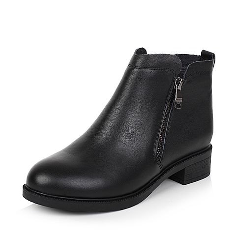 Teenmix/天美意冬专柜同款黑色牛皮时尚简约优雅方跟女短靴AO171DD6