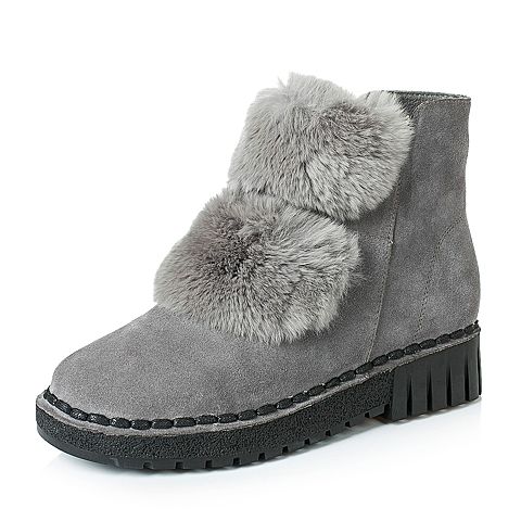Teenmix/天美意冬季专柜同款灰色二层牛皮/兔毛皮女休闲靴（毛里）AO581DD6