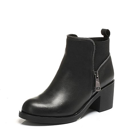 Teenmix/天美意冬专柜同款黑色牛皮/织物简约粗跟女短靴女靴AO081DD6