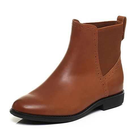 Teenmix/天美意冬专柜同款棕色打蜡牛皮方跟切尔西靴女短靴（绒里）6D443DD6