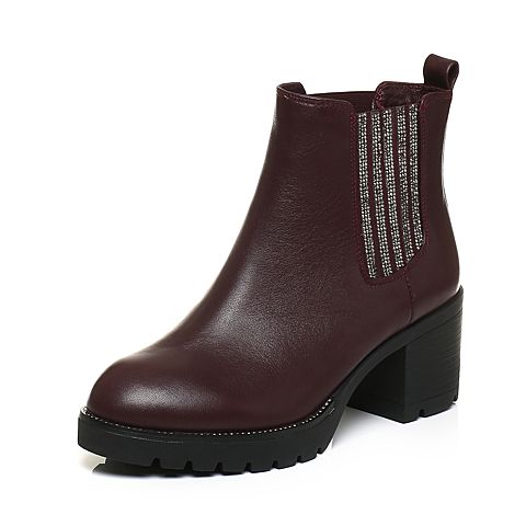 Teenmix/天美意冬专柜同款红色牛皮粗跟切尔西靴女短靴（绒里）6D542DD6