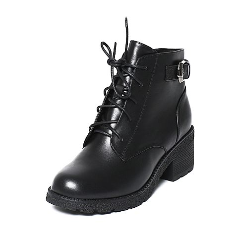 Teenmix/天美意冬专柜同款黑色牛皮皮带扣方跟马丁靴女短靴(绒里)AN691DD6