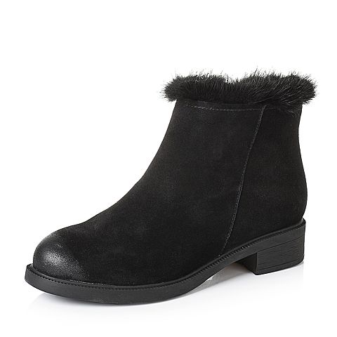 Teenmix/天美意冬季专柜同款黑色二层牛皮/貂毛女短靴（绒面绒里）AO601DD6