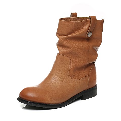 Teenmix/天美意冬专柜同款棕色牛皮简约方跟女靴6S260DZ6