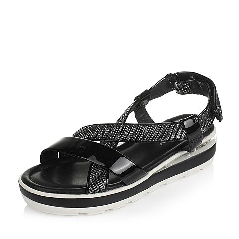 Teenmix/天美意夏季专柜同款黑/黑银色漆皮女凉鞋6J503BL6