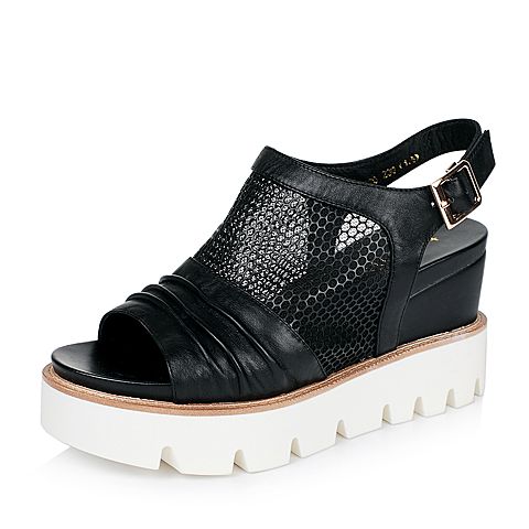 Teenmix/天美意夏季专柜同款黑色牛皮/网布女凉鞋AM93TBL6