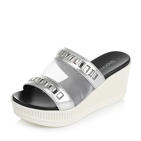 Teenmix/天美意夏季专柜同款银色贴膜牛皮/网布女拖鞋AM97TBT6