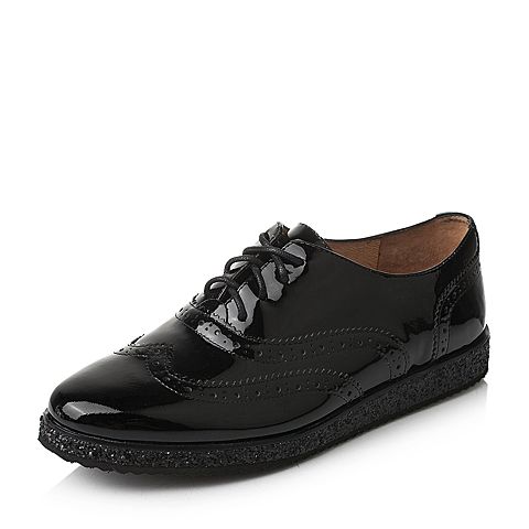 Teenmix/天美意春季专柜同款黑色漆皮牛皮布洛克英伦风女单鞋6F620AM6