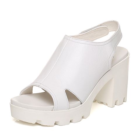Teenmix/天美意夏专柜同款白色牛皮时尚粗跟女凉鞋6K212BL7
