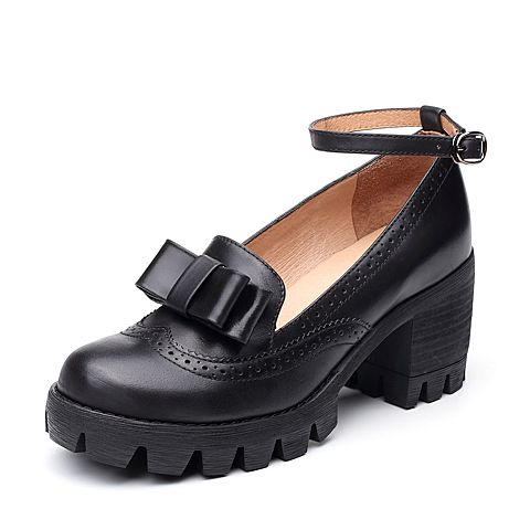 Teenmix/天美意秋专柜同款黑色牛皮英伦风粗跟玛丽珍鞋女单鞋6E804CQ7