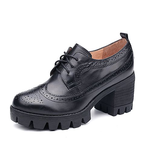 Teenmix/天美意秋专柜同款黑色牛皮英伦风系带鞋女单鞋6E828CM7