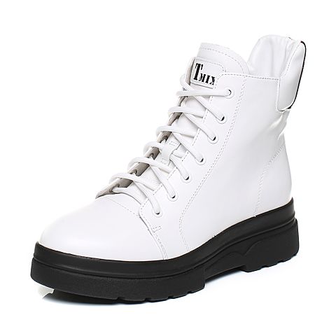 Teenmix/天美意冬季白色牛皮字母条纹织带马丁靴女休闲靴CBA40DD7