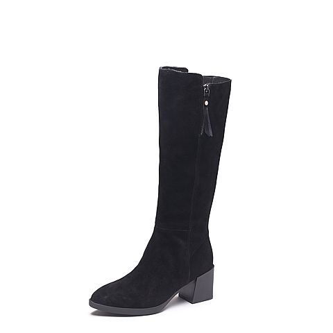 Teenmix/天美意冬专柜同款黑色羊绒皮简约粗跟骑士靴女长靴6B380DG7