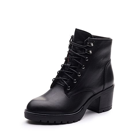 Teenmix/天美意冬专柜同款黑色牛皮粗跟马丁靴女短靴6D547DD7
